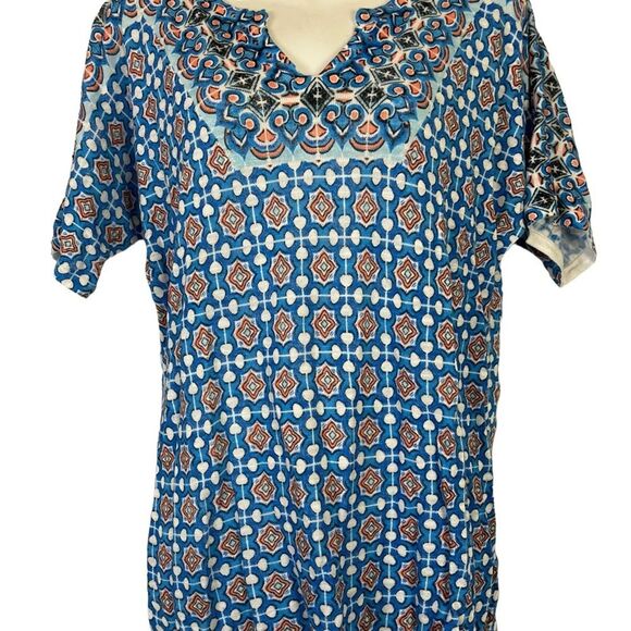 CHICO'S Blue Orange Knit V-Neck Short Sleeve Ramie & Rayon Blend Thin Sweater 1 - Picture 7 of 16